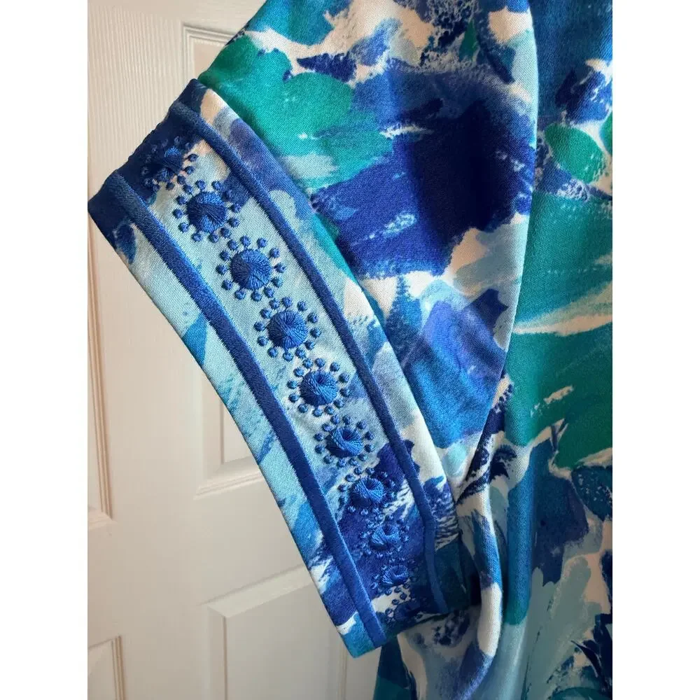 Papagallo blue and green floral V-neck cotton blend dress 8 EUC
